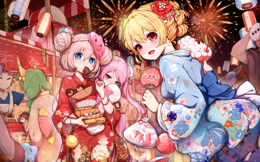 2boys 4girls absurdres bangs blonde_hair blue_eyes bun_cover candy double_bun eating festival fireworks flower food green_hair hair_between_eyes hair_flower hair_ornament hair_stick highres japanese_clothes kimono kiyomasa_ren lantern multiple_boys multiple_girls night open_mouth original paper_lantern pink_eyes pink_hair print_kimono red_eyes smile tied_hair