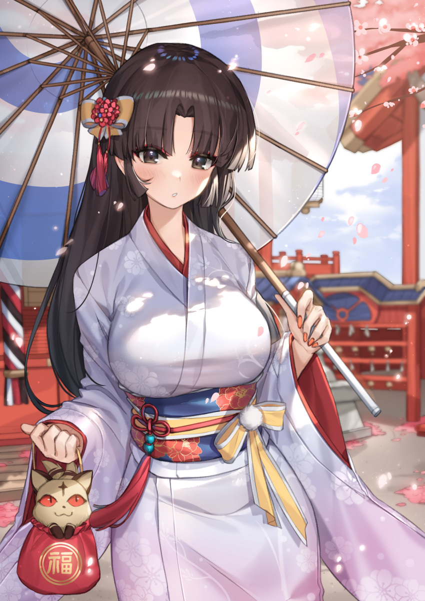 1girl animal bag black_hair breasts cat cherry_blossoms commentary_request highres holding holding_bag holding_umbrella inuyasha japanese_clothes kimono large_breasts long_hair looking_at_viewer oil-paper_umbrella petals piyo_(pixiv_2308057) sango solo umbrella white_kimono