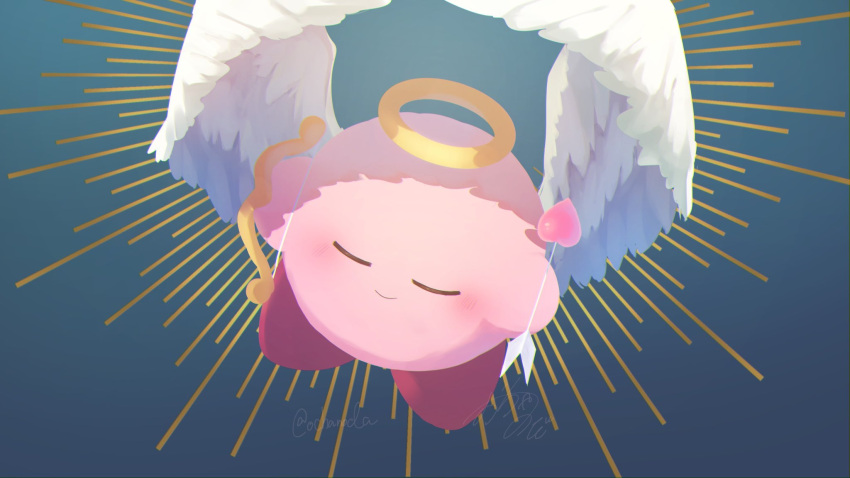 &lt;3 2022 abstract_background alien ambiguous_gender angel arrow bald barefoot bow_(weapon) cupid detailed eyes_closed feathers featureless_crotch feet flying halo happy hi_res holding_arrow holding_bow holding_object holding_weapon kirby kirby_(series) kirby_and_the_amazing_mirror multicolored_body multicolored_skin nintendo nude ochanoda pink_body pink_skin portrait ranged_weapon red_body red_skin rosy_cheeks shadow simple_background smile solo teal_background video_games waddling_head weapon white_body white_feathers white_wings wings yellow_background