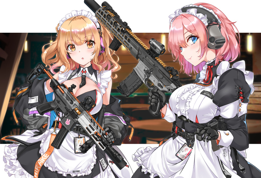 2girls assault_rifle bangs barcode black_gloves black_jacket blonde_hair blue_eyes blush breasts commentary_request eyebrows_visible_through_hair fatkewell frilled_shirt frills gloves gun headset highres holding holding_gun holding_weapon id_card jacket long_sleeves looking_at_viewer magazine_(weapon) maid maid_headdress multiple_girls original pink_hair rifle scope shirt short_hair smile standing weapon yellow_eyes