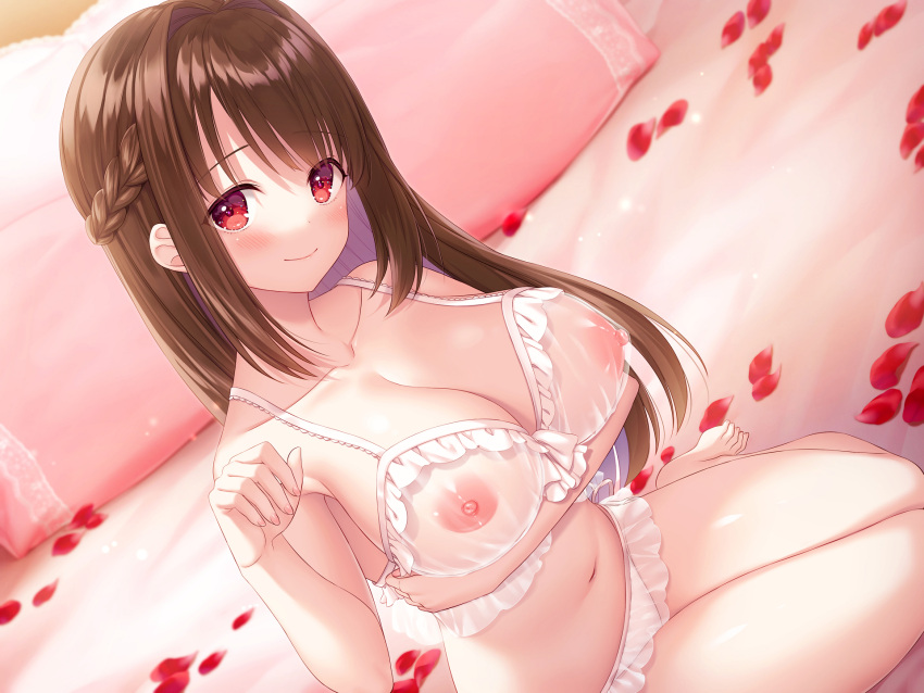 1girl areolae arm_under_breasts bangs bare_shoulders bed bed_sheet blush bra braid breast_hold breasts brown_hair cleavage closed_mouth collarbone eyebrows_visible_through_hair fingernails french_braid frilled_bra frilled_panties frills front-tie_bra hair_intakes hand_up highres indoors itsuki_jun large_breasts long_hair looking_at_viewer midriff nail_polish navel nipples official_art on_bed original panties petals pillow pink_nails red_eyes see-through sidelocks sitting sitting_on_bed skindentation smile solo spaghetti_strap stomach underwear white_bra white_panties