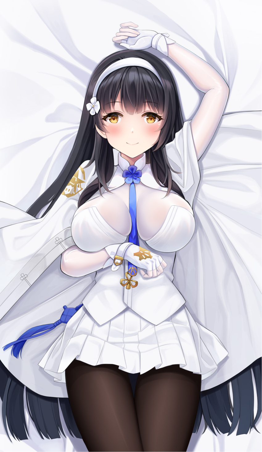 1girl arm_up bangs bed_sheet between_breasts black_hair black_legwear blunt_bangs blush breasts chinese_commentary closed_mouth cowboy_shot dakimakura_(medium) eyebrows_visible_through_hair fengli_(709622571) fingerless_gloves forehead frilled_skirt frills girls'_frontline gloves hand_up headband highres large_breasts looking_at_viewer lying necktie off_shoulder on_back pantyhose skirt smile solo thigh_gap type_95_(girls'_frontline) white_gloves white_headband white_skirt yellow_eyes