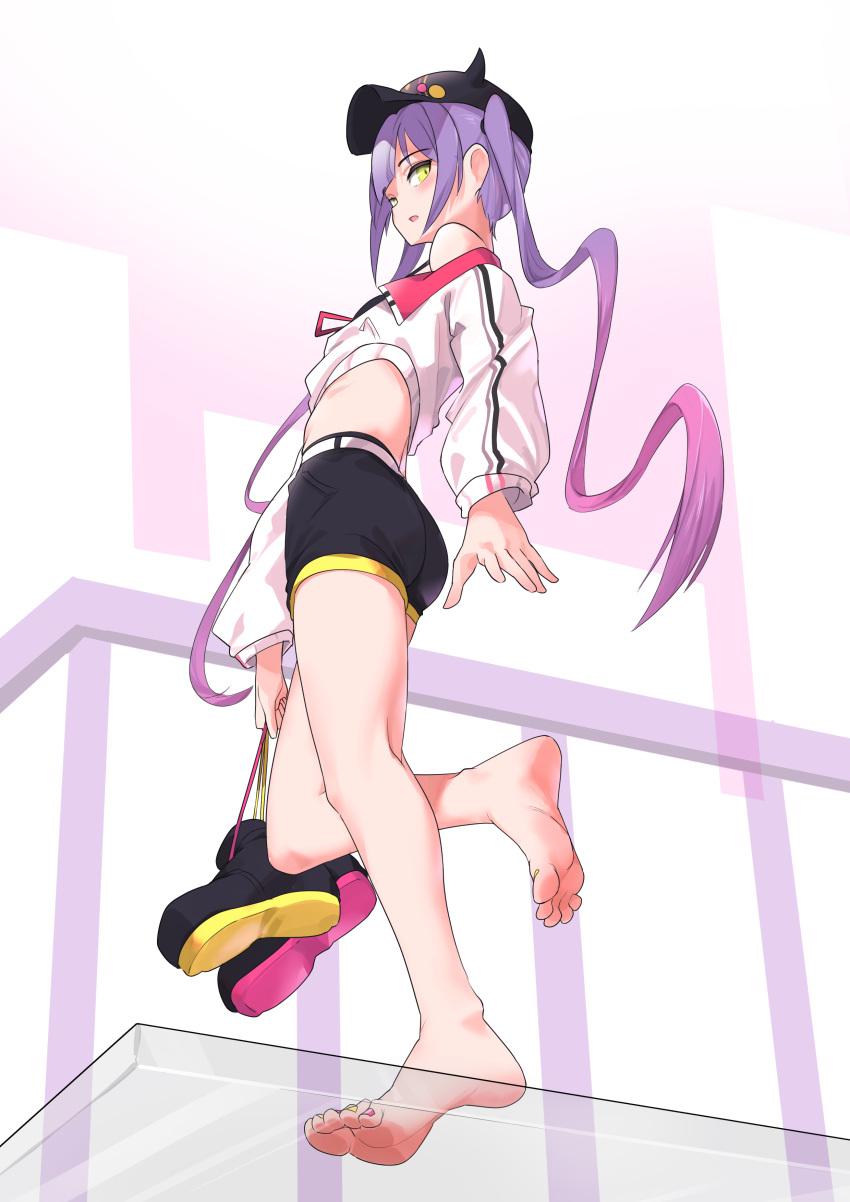 1girl absurdres barefoot colored_inner_hair fake_horns feet green_eyes highres hololive horned_headwear horns long_hair looking_at_viewer multicolored_hair pink_hair pointy_ears pompmaker1 purple_hair shoes shoes_removed shorts sidelocks soles streaked_hair toenails toes tokoyami_towa twintails virtual_youtuber