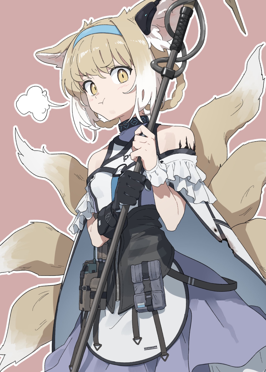 1girl :t absurdres animal_ear_fluff animal_ears apron arknights bare_shoulders black_gloves blue_hairband blush braid breasts brown_background brown_eyes brown_hair closed_mouth drawdrawdeimos fox_ears fox_girl fox_tail gloves gradient_hair hair_rings hairband highres holding kitsune looking_at_viewer multicolored_hair outline pout purple_skirt shirt simple_background single_glove skirt small_breasts solo suzuran_(arknights) tail twin_braids waist_apron white_apron white_hair white_outline white_shirt