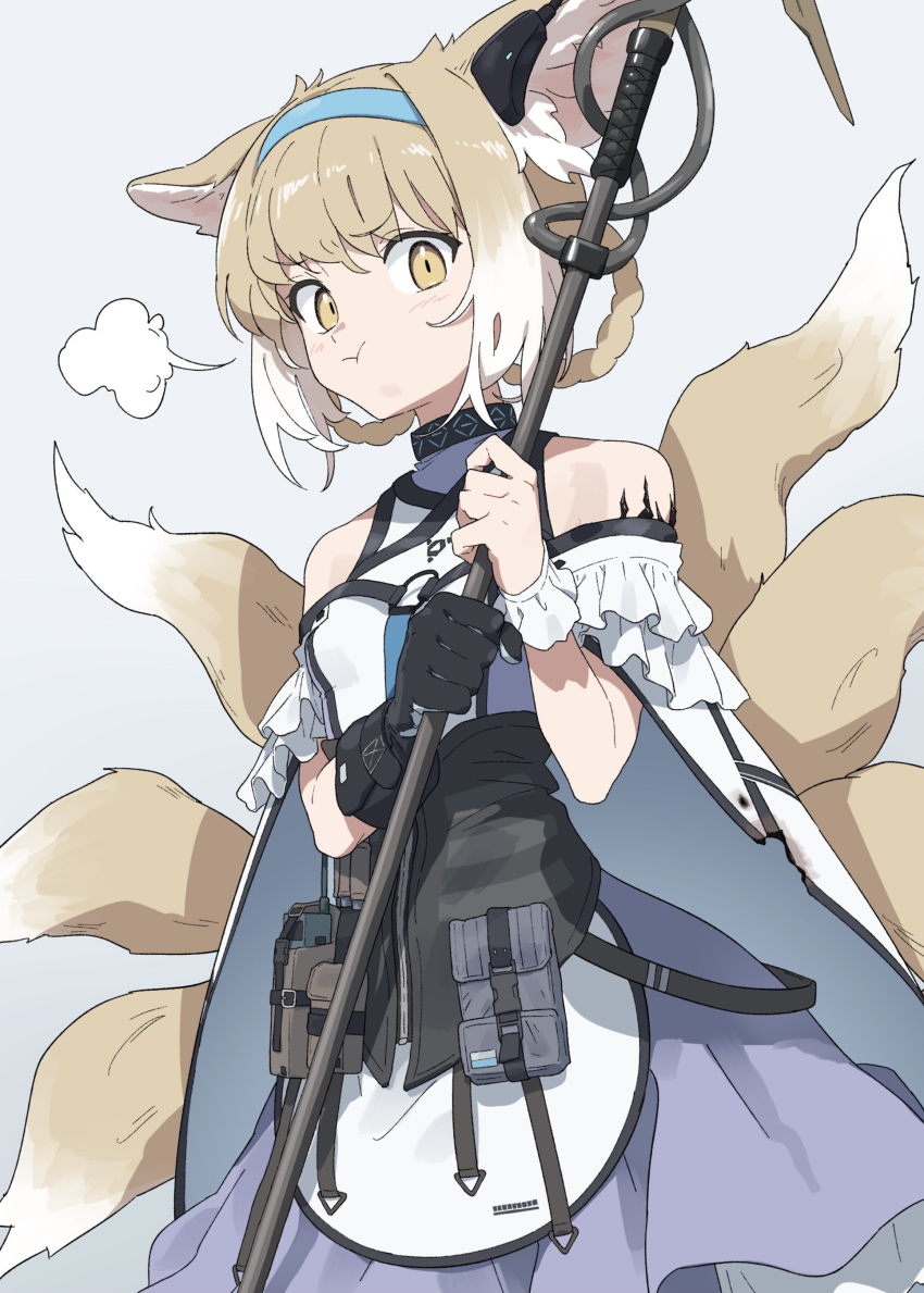 1girl :t absurdres animal_ear_fluff animal_ears apron arknights bare_shoulders black_gloves blue_hairband blush braid breasts brown_eyes brown_hair closed_mouth commentary_request drawdrawdeimos fox_ears fox_girl fox_tail gloves gradient_hair grey_background hair_rings hairband highres holding kitsune looking_at_viewer multicolored_hair pout purple_skirt shirt simple_background single_glove skirt small_breasts solo suzuran_(arknights) tail twin_braids waist_apron white_apron white_hair white_shirt