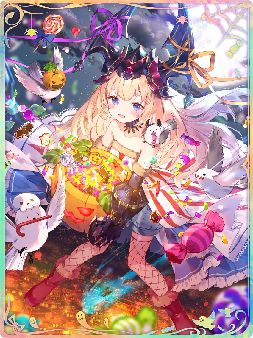 1girl bird blonde_hair boots candy character_request fishnets food framed fur_trim gloves highres ibara_riato jack-o'-lantern lollipop long_hair official_art pumpkin purple_eyes ribbon shadowverse shorts solo swirl_lollipop