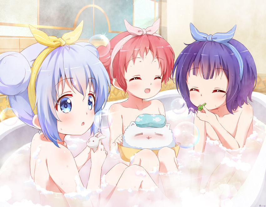 3girls ^_^ bath bathtub blue_hair blush chimame-tai closed_eyes completely_nude gochuumon_wa_usagi_desu_ka? highres jouga_maya kafuu_chino multiple_girls natsu_megumi nude painter-lhb red_hair silver_hair tippy_(gochiusa)