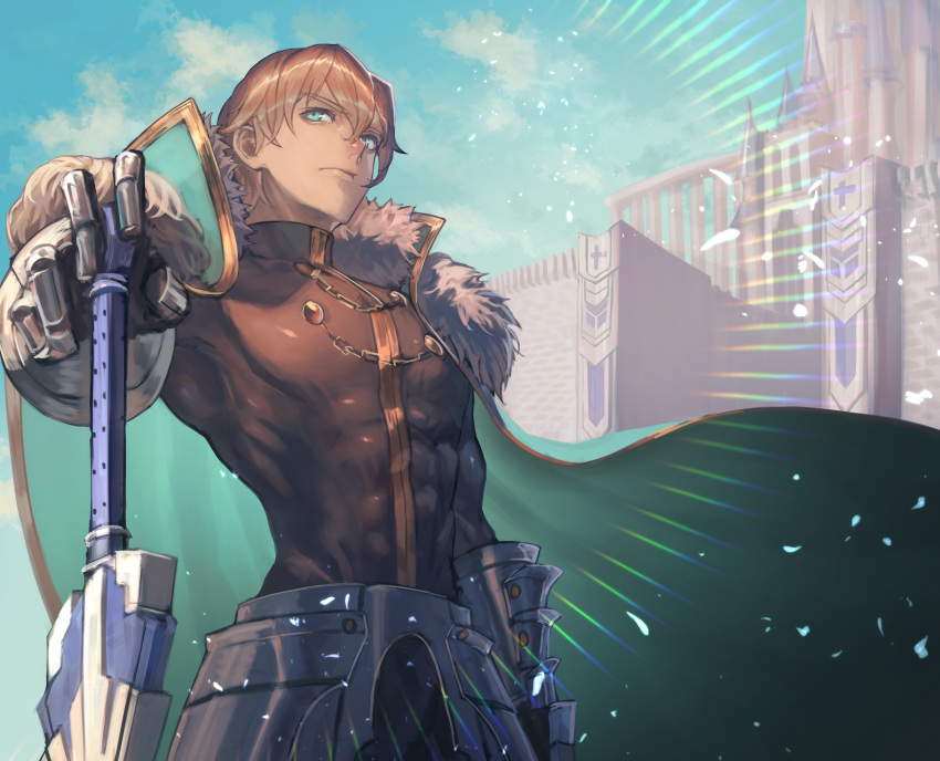 1boy absurdres black_bodysuit blonde_hair blue_eyes bodysuit coat coat_on_shoulders covered_abs excalibur_galatine_(fate) fate/grand_order fate_(series) feet_out_of_frame from_below fur_trim gauntlets gawain_(fate) highres light_particles makitoshi0316 male_focus pectorals planted planted_sword solo sword toned toned_male weapon
