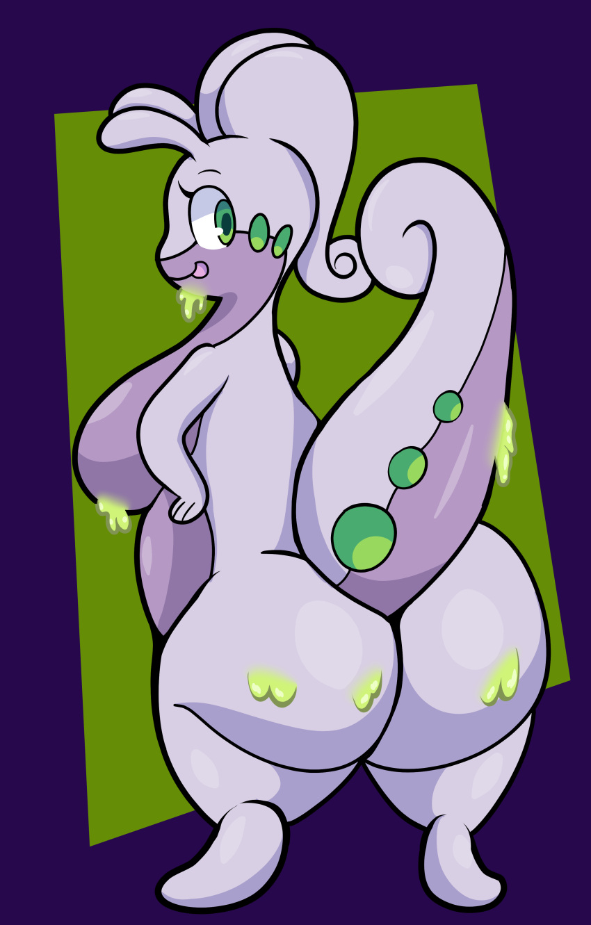 2022 absurd_res antennae_(anatomy) anthro belly big_belly big_breasts big_butt big_tail breasts butt curvy_figure digital_media_(artwork) eyelashes female fingers goodra green_eyes grey_body grey_skin hi_res huge_breasts huge_butt lavender_body lavender_skin looking_at_viewer looking_back multicolored_body multicolored_skin nintendo pok&eacute;mon pok&eacute;mon_(species) simple_background slime smile solo someth1ngoranother standing thick_thighs tongue tongue_out two_tone_body two_tone_skin video_games voluptuous wide_hips