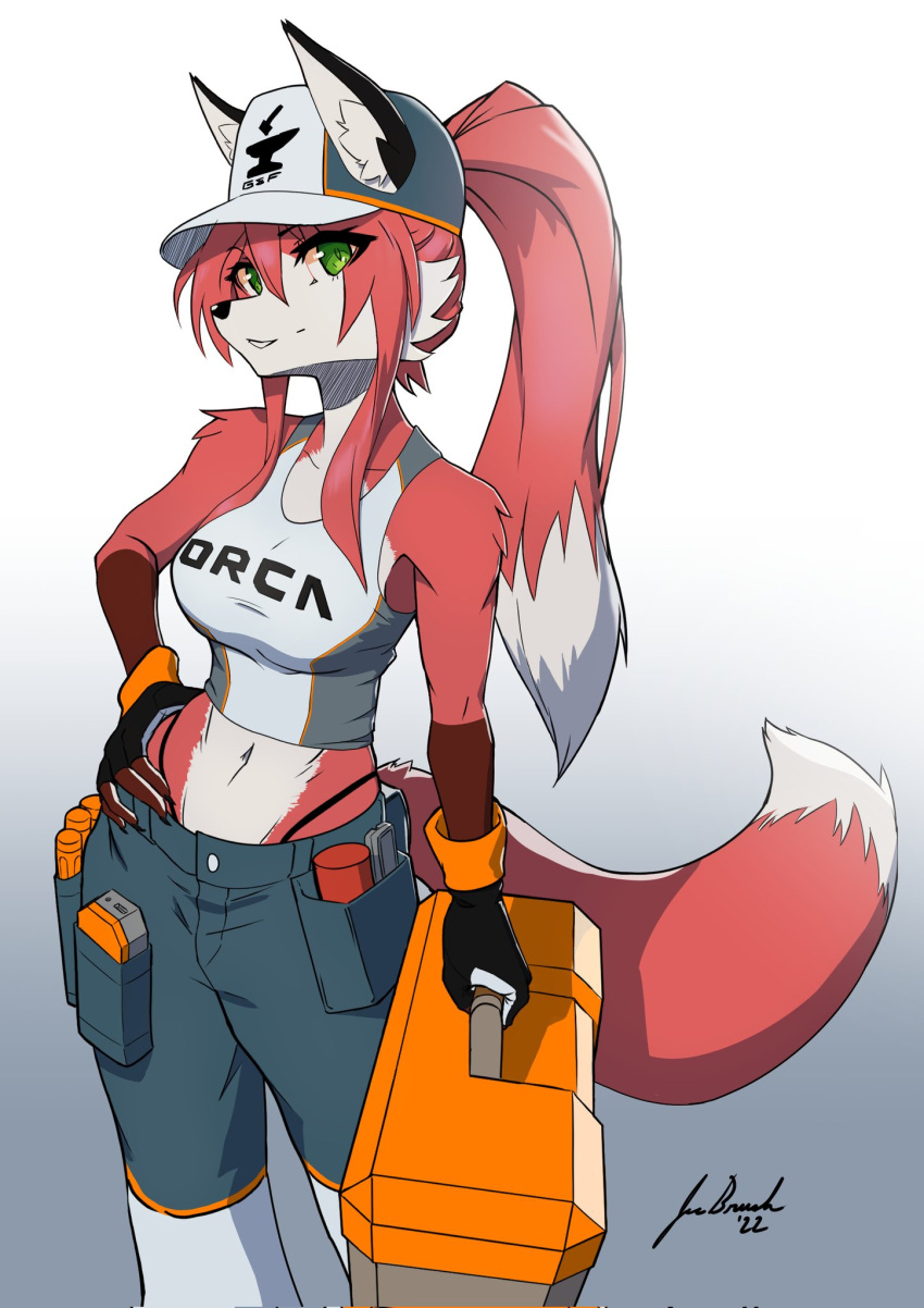 cargo_shorts ears ears_through_headwear furry furry_female gloves green_eyes hat highres jecbrush mechanic midriff navel original ponytail red_fur shorts tagme tail tank_top toolbox tools