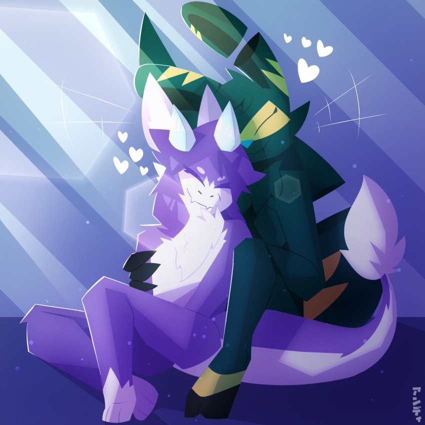 &lt;3 2022 2_horns 3_toes ambiguous_gender anthro arm_grab black_body black_inner_ear blue_nose cute_fangs dragon duo embrace eyes_closed feet fluffy fluffy_tail fur furred_dragon green_body green_fur hi_res hooves horn nude nuzzling pattern_background purple_body purple_fur romantic romantic_couple simple_background sitting skweekers smile striped_background tagme tail_tuft toes tuft unknown_species white_body white_fur white_horn yellow_body yellow_fur