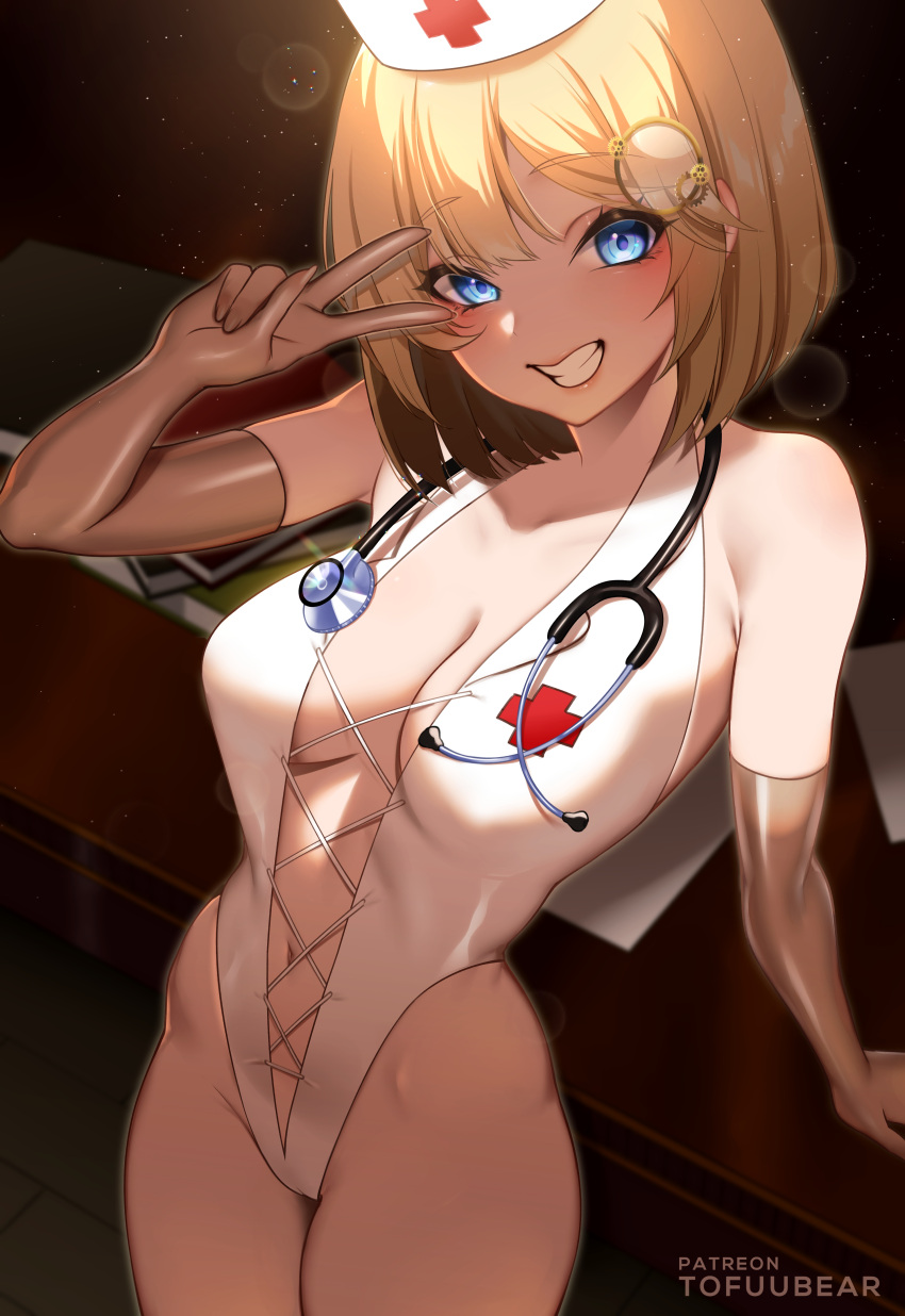 1girl absurdres bare_shoulders blonde_hair blue_eyes blush breasts cross-laced_clothes elbow_gloves eyebrows_visible_through_hair gloves grin hair_ornament hand_up hat highleg highleg_leotard highres hololive hololive_english indoors leotard navel nurse nurse_cap ribs seductive_smile smile solo stethoscope thighs tofuubear v virtual_youtuber watson_amelia