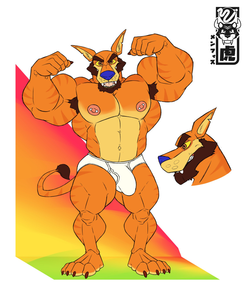 2022 abs abstract_background absurd_res activision anthro armpit_hair barazoku beard biceps big_bulge big_muscles body_hair briefs bulge claws clothing crash_bandicoot_(series) cutaway dasyuromorph eyebrows facial_hair flexing front_view genital_outline hi_res huge_muscles looking_at_viewer male mammal marsupial memphis_tigre muscular muscular_anthro muscular_male navel nipple_piercing nipples obliques open_mouth open_smile pecs penis_outline piercing plantigrade simple_background smile solo standing teeth thylacine tighty_whities tiny_tiger tongue underwear video_games watermark white_clothing white_underwear