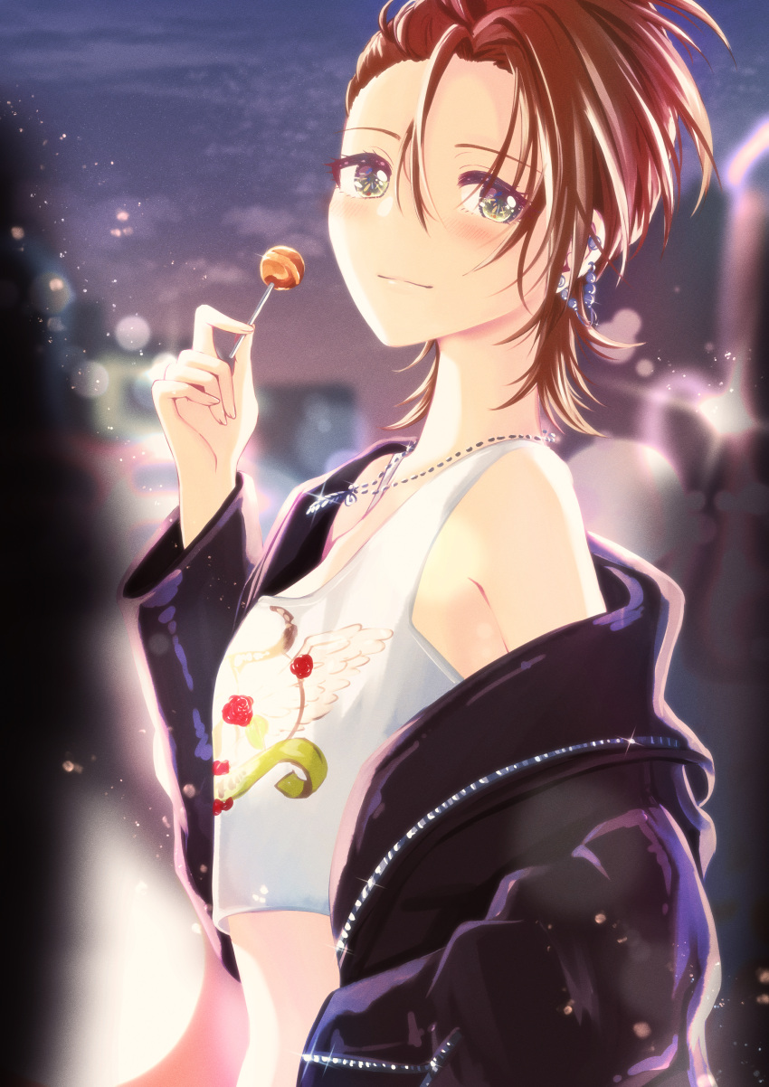 1girl absurdres armpits asymmetrical_hair black_jacket blurry blurry_background blush bokeh bright_pupils brown_hair candy depth_of_field food forehead glint highres holding holding_candy holding_food idolmaster idolmaster_cinderella_girls idolmaster_cinderella_girls_starlight_stage jacket jacket_partially_removed jewelry kimura_natsuki kumatsuki_(no-kirin) light_smile lollipop looking_at_viewer looking_to_the_side necklace outdoors print_tank_top sideways_glance solo upper_body