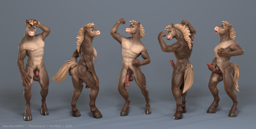 2020 3d_(artwork) abs animal_genitalia animal_penis anthro atlas_(heat) balls digital_media_(artwork) digitigrade equid equine equine_penis erection flaccid genitals hi_res hooves horse male mammal multiple_poses nipples nude penis pose simple_background solo standing yan_wiah