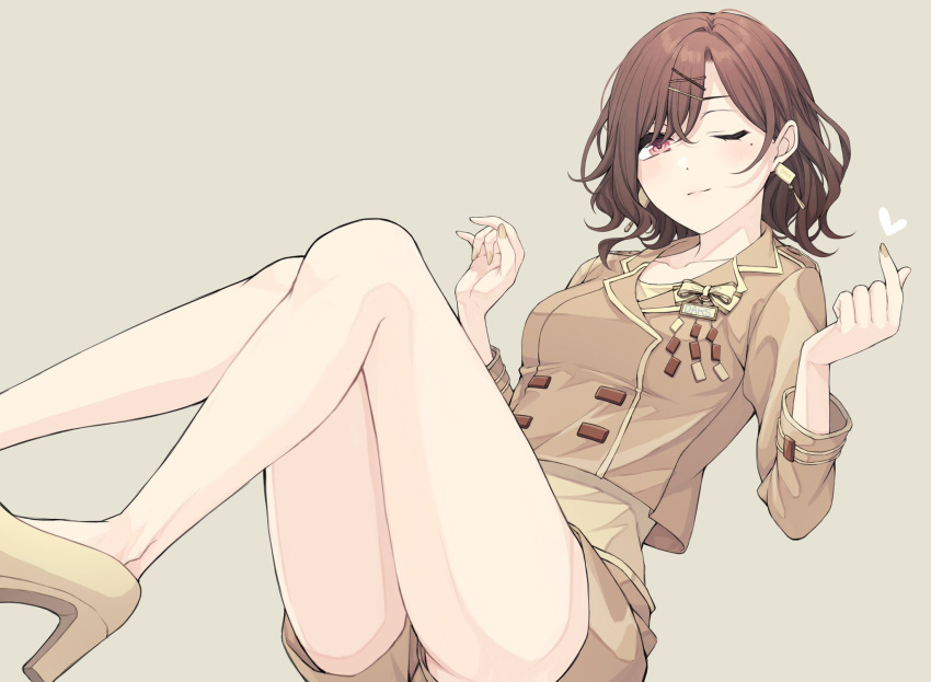 1girl ae_iueo bangs bare_legs beige_background beige_jacket beige_shorts brown_hair commentary_request earrings hair_ornament hairclip heart high_heels highres higuchi_madoka idolmaster idolmaster_shiny_colors jewelry long_sleeves looking_at_viewer mole mole_under_eye nail_polish one_eye_closed purple_eyes short_hair short_shorts shorts solo swept_bangs yellow_nails