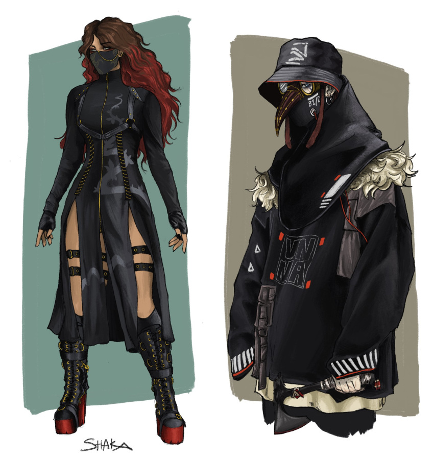 1girl 1other adapted_costume alternate_costume ambiguous_gender apex_legends axe black_footwear black_headwear black_jacket bloodhound_(apex_legends) brown_hair bucket_hat english_commentary fashion fingerless_gloves fur_trim gloves gradient_hair hat highres holding holding_axe jacket loba_(apex_legends) mask mouth_mask multicolored_hair platform_boots raven's_bite red_hair road_warrior_bloodhound shaka_(shenketsu) sleeves_past_fingers sleeves_past_wrists thigh_strap