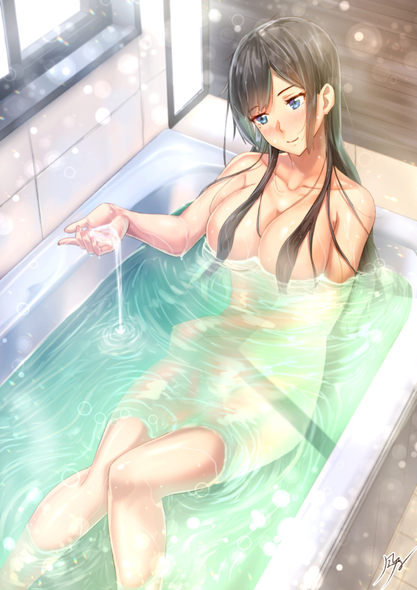 1girl bangs bare_shoulders bath bathing bathroom black_hair blue_eyes blurry bokeh breasts cleavage closed_mouth collarbone commentary completely_nude depth_of_field eyebrows_visible_through_hair eyelashes feet_out_of_frame fingernails forehead hair_censor hair_over_breasts hair_over_shoulder hand_up head_tilt highres indoors kazeno knees_together_feet_apart light_particles mole mole_under_eye nude original parted_bangs rainbow_gradient shiny shiny_skin signature sitting smile solo water wet window