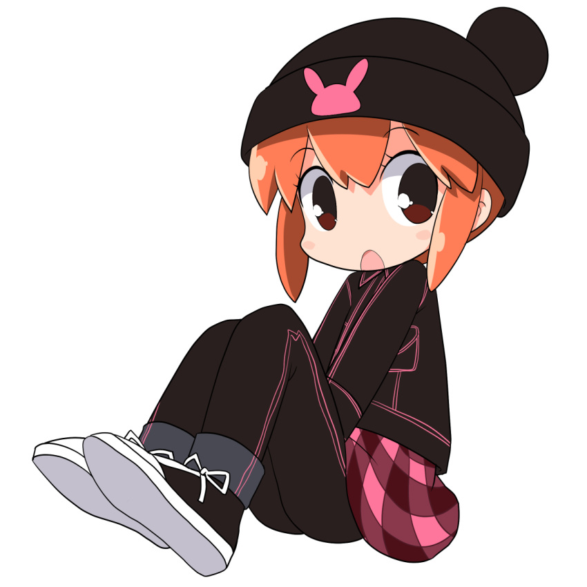 1girl :o bangs beanie black_footwear black_headwear black_jacket black_pants blush_stickers brown_eyes chibi commentary_request eyebrows_visible_through_hair full_body gotcha_force hair_between_eyes hat jacket knees_up kurokawa_usagi looking_at_viewer open_mouth orange_hair osaragi_mitama pants pants_under_skirt plaid plaid_skirt red_skirt shoe_soles shoes simple_background sitting skirt solo track_pants white_background