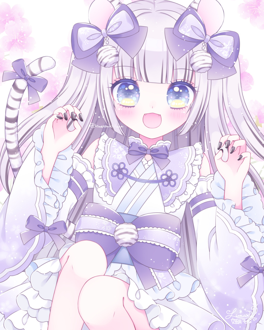 1girl :d animal_ears bangs black_nails blue_eyes bow claw_pose commentary_request detached_sleeves ear_bow eyebrows_visible_through_hair fangs feet_out_of_frame grey_hair hands_up highres himetsuki_luna japanese_clothes kimono knees_up lolita_fashion long_sleeves looking_at_viewer nail_polish obi original purple_bow purple_sleeves sash signature sleeveless sleeveless_kimono smile solo tail tiger_ears tiger_girl tiger_tail wa_lolita white_sleeves wide_sleeves