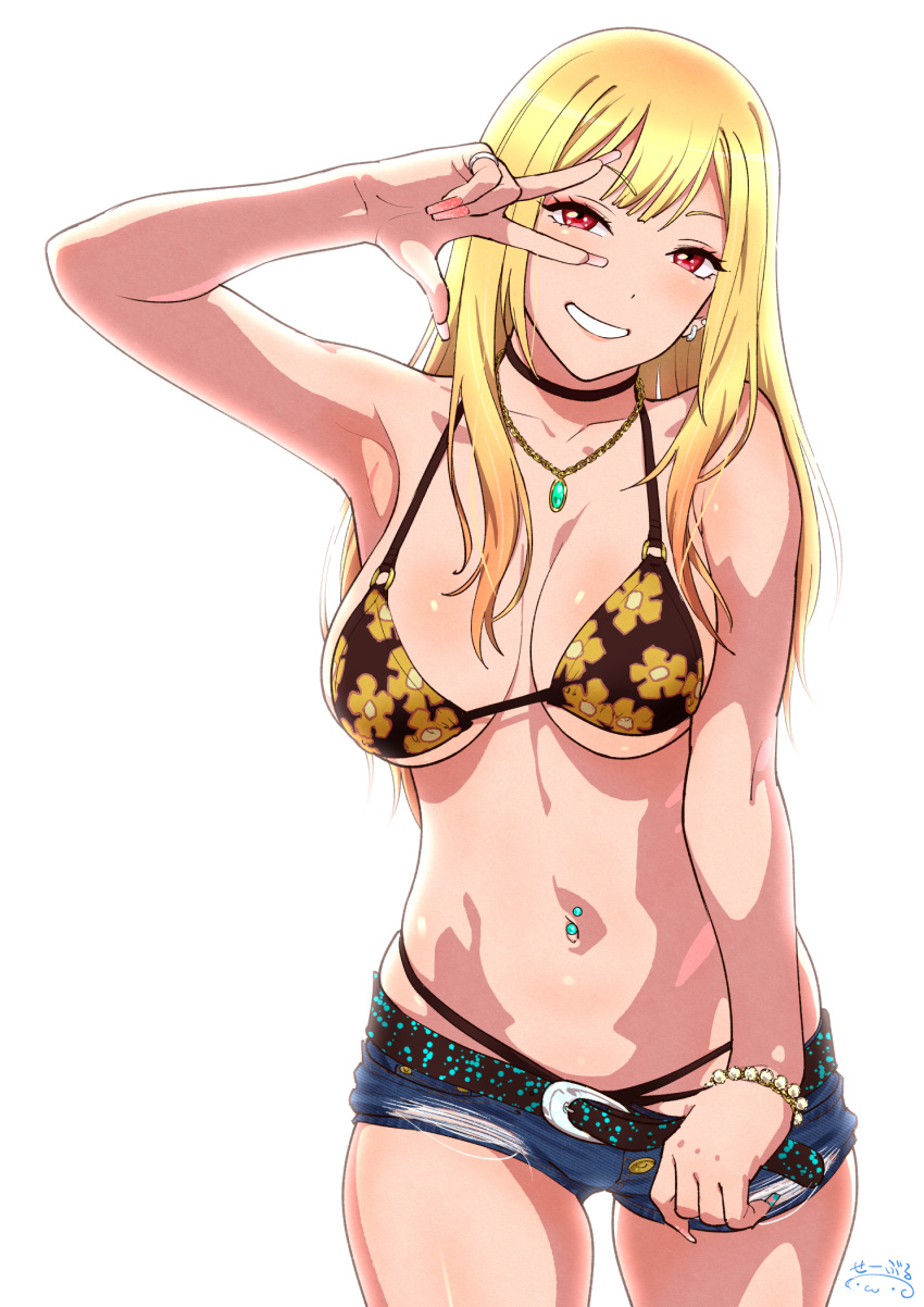 1girl bangs belt bikini blonde_hair blush bracelet choker earrings fake_nails floral_print grin highres jewelry kitagawa_marin long_hair looking_at_viewer navel navel_piercing necklace piercing red_eyes shorts simple_background smile solo sono_bisque_doll_wa_koi_wo_suru suna swimsuit w white_background