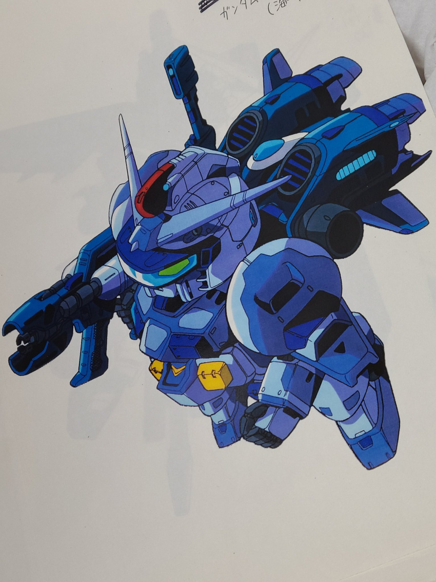 chibi clenched_hand green_eyes gun gundam gundam_combat highres hiroyuki_taiga holding holding_gun holding_weapon mecha mobile_suit_gundam official_art rx-78-2_(underwater_type) solo thrusters v-fin visor weapon white_background