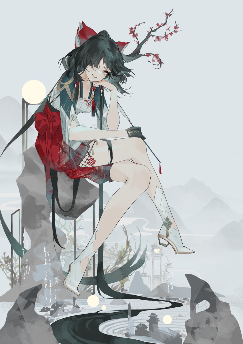 1girl absurdly_long_hair alternate_costume architecture arrow_(projectile) black_gloves black_hair blue_eyes bow collarbone commentary_request crossed_legs east_asian_architecture fog full_body gloves grin hair_bow hair_over_one_eye hakurei_reimu hamaya highres hillly_(maiwetea) holding holding_arrow long_hair looking_at_viewer moon red_bow sitting smile solo touhou very_long_hair white_footwear