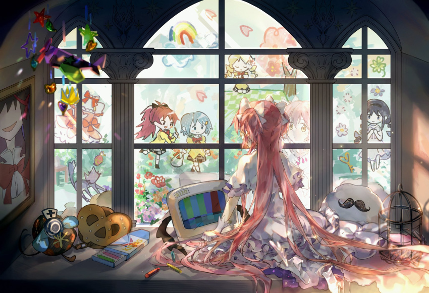 akemi_homura anja_(madoka_magica) anthony_(madoka_magica) birdcage cage cookie crayon familiar_(madoka_magica) food h.n.elly_(kirsten) highres kaname_madoka mahou_shoujo_madoka_magica mahou_shoujo_madoka_magica_movie miki_sayaka pink_hair portrait_(object) pyotr_(madoka_magica) ribbon sakura_kyouko siren_owk tomoe_mami ultimate_madoka window