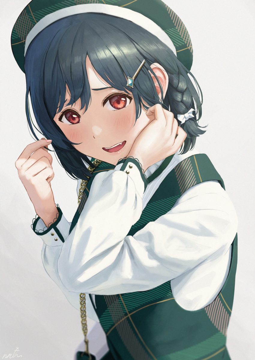 1girl bag beret blush braid dark_green_hair fang green_headwear hair_ornament hair_ribbon hairclip hands_up hat highres long_sleeves looking_at_viewer love_live! love_live!_nijigasaki_high_school_idol_club love_live!_school_idol_festival_all_stars mifune_shioriko open_mouth papi_(papiron100) plaid plaid_headwear plaid_vest red_eyes ribbon shirt short_hair single_braid smile solo teeth upper_body upper_teeth vest white_ribbon white_shirt