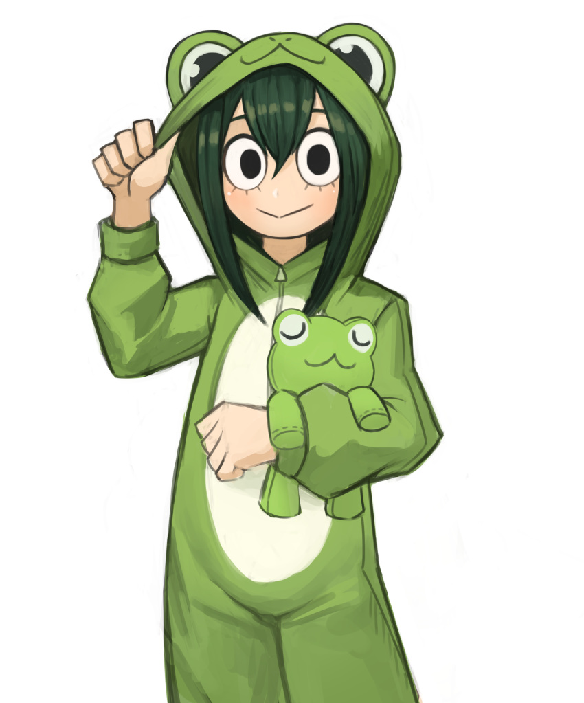 1girl :&gt; absurdres animal_costume asui_tsuyu bangs black_eyes boku_no_hero_academia commentary dark_green_hair english_commentary frog_costume hair_between_eyes highres hood hood_up long_sleeves looking_at_viewer simple_background smile solo sookmo stuffed_animal stuffed_frog stuffed_toy white_background