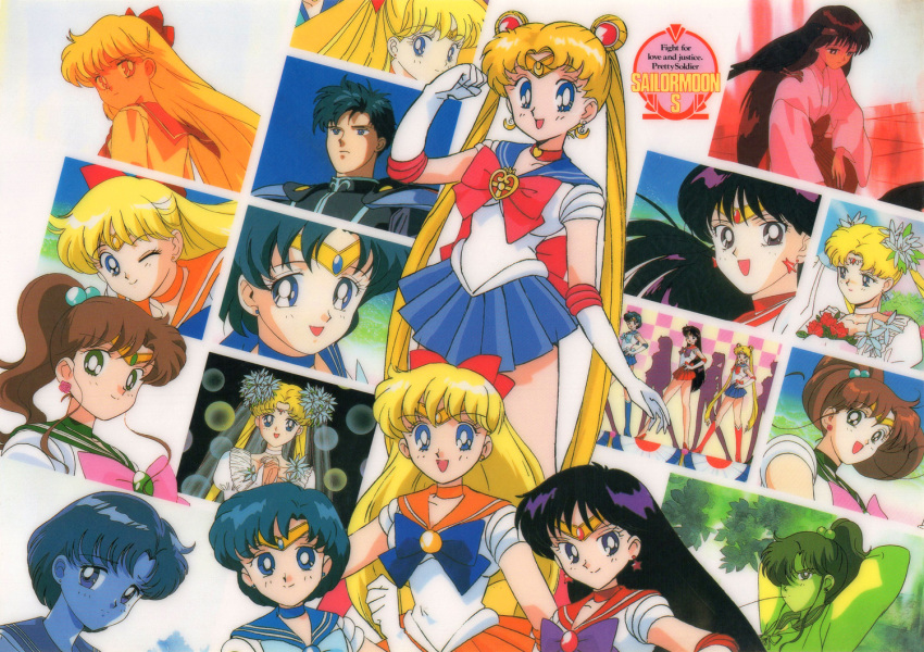 1990s_(style) 1boy 4girls aino_minako animal_on_shoulder back_bow bird bird_on_shoulder bishoujo_senshi_sailor_moon black_eyes black_hair blonde_hair blue_eyes blue_skirt bouquet bow brown_hair choker copyright_name double_bun earrings elbow_gloves gloves green_eyes hair_bow hino_rei inner_senshi japanese_clothes jewelry kino_makoto leotard long_hair looking_at_viewer miko miniskirt mizuno_ami multiple_girls multiple_views non-web_source official_art open_mouth panels pleated_skirt retro_artstyle sailor_jupiter sailor_mars sailor_mercury sailor_moon sailor_venus scan skirt smile star_(symbol) star_earrings tiara tsukino_usagi twintails very_long_hair