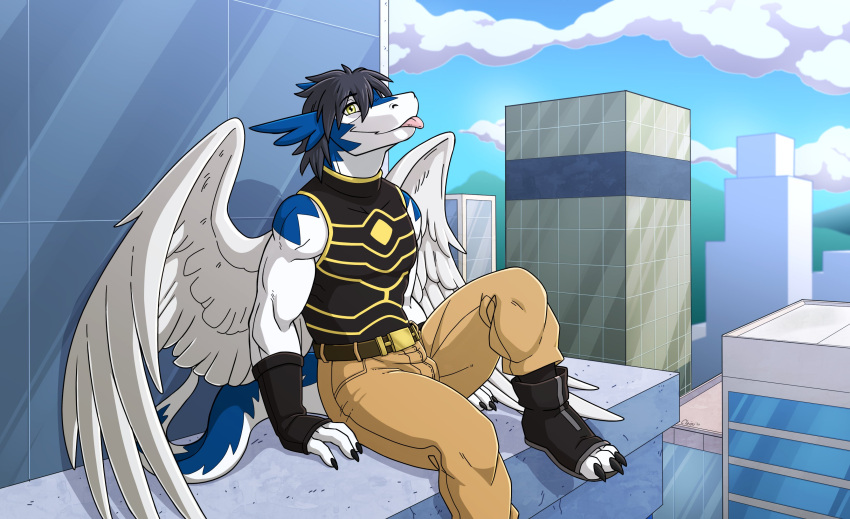 absurd_res anthro black_clothing black_hair black_topwear bottomwear city claws clei clothing dragon feathered_dragon feathered_wings feathers hair hi_res male nameless00 outside pants skyscraper solo tongue tongue_out topwear white_body white_feathers windragon wings