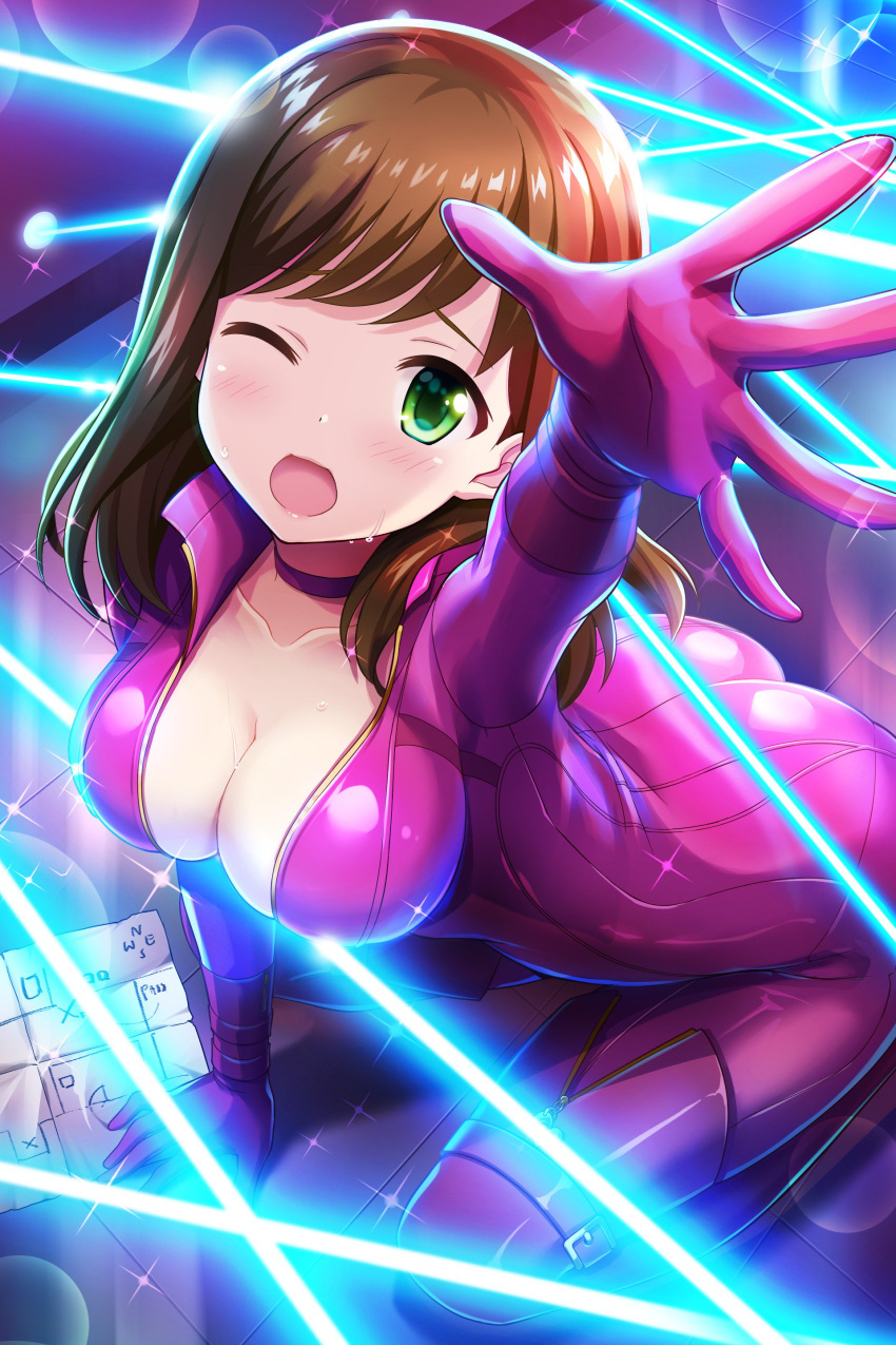 1girl absurdres alternative_girls ass bodysuit breasts brown_hair cleaver eyebrows_visible_through_hair green_eyes highres hirose_koharu indoors large_breasts laser long_hair looking_at_viewer official_art one_eye_closed open_hand open_mouth pink_bodysuit sitting solo