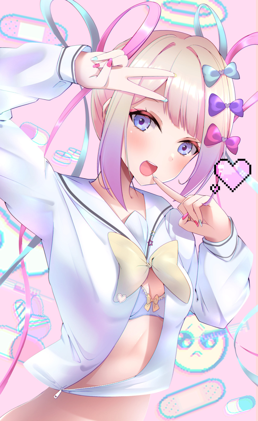 1girl absurdres bandages bandaid bangs blue_bra blue_eyes blue_hair blue_nails bow bow_bra bra breasts bunny chouzetsusaikawa_tenshi-chan drill_hair drugs emoji finger_to_mouth hair_bow halo heart highres holographic_clothing large_bow looking_at_viewer medicine multicolored_hair multicolored_nails nail_polish navel needy_girl_overdose open_clothes open_mouth open_shirt pill pink_hair pink_nails sidelocks small_breasts solo teeth tetori_(tetolisto) twin_drills underwear upper_teeth v white_hair yellow_bow zipper