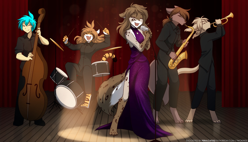 2022 7:4 ambiguous_gender anthro barefoot basitin blue_hair bottomwear bowed_string_instrument brass_instrument brown_body brown_fur brown_hair canid canine canis clothed clothing conditional_dnp curtains digitigrade double_bass dress drum drum_set eyes_closed feet felid female flora_(twokinds) fur grey_body grey_fur group hair hi_res human kathrin_vaughan keidran keith_keiser male mammal microphone multicolored_body multicolored_fur musical_instrument musical_note natani open_mouth open_smile orange_body orange_fur pantherine pants percussion_instrument playing_music ponytail saxophone shirt side_slit singing slit_dress smile spotlight spots spotted_body spotted_fur stage string_instrument striped_body striped_fur stripes suit tiger tom_fischbach topwear trace_legacy trumpet twokinds webcomic white_body white_fur wind_instrument wolf woodwind_instrument
