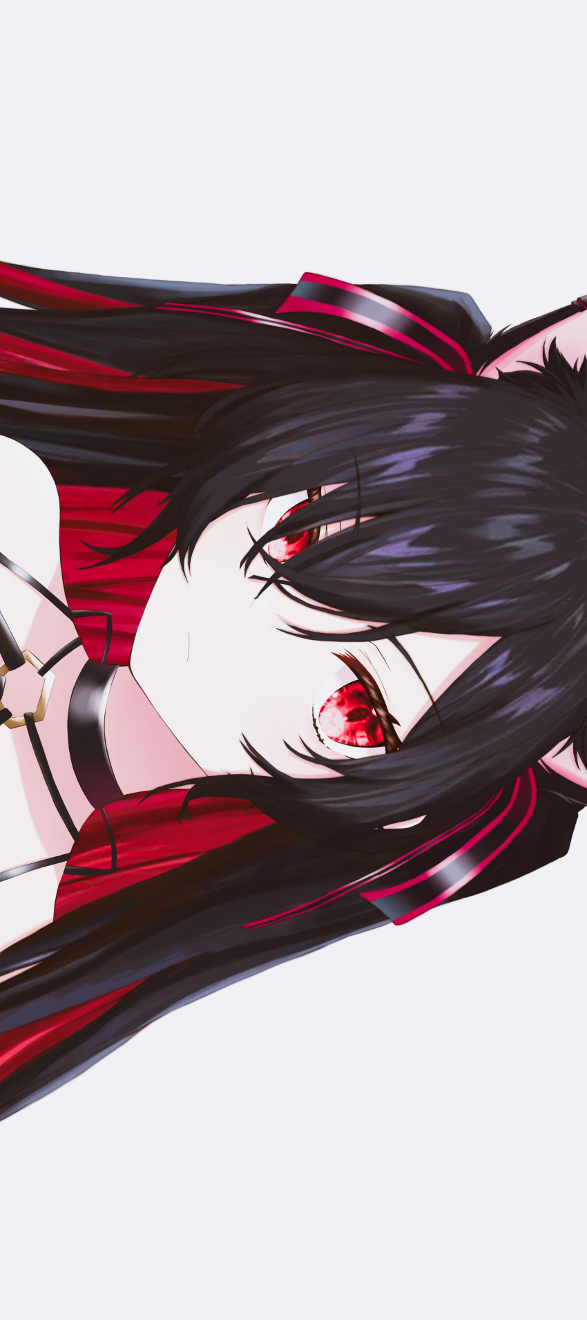 &gt;:( 1girl absurdres animal_ear_fluff animal_ears black_choker black_hair black_ribbon cat_ears choker colored_inner_hair eyebrows_visible_through_hair grey_background hair_over_one_eye hair_ribbon halterneck hexagon highres kanelashi long_bangs long_hair looking_at_viewer mitsurugi_lia multicolored_hair o-ring o-ring_top portrait red_hair ribbon serious sideways simple_background slit_pupils two-tone_hair two_side_up v-shaped_eyebrows virtual_youtuber wactor_production