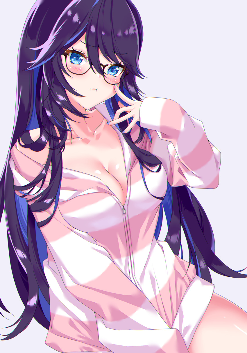 1girl absurdres bangs black-framed_eyewear black_hair blue_eyes blue_hair blue_nails blush breasts cleavage closed_mouth clothes_tug collarbone colored_inner_hair eyebrows_visible_through_hair finger_to_face glasses hair_between_eyes highres hood hoodie hoodie_tug indie_virtual_youtuber kson large_breasts long_hair long_sleeves looking_at_viewer mole mole_under_eye multicolored_hair nail_polish naked_hoodie partially_unzipped pout simple_background sleeves_past_wrists solo souchou striped striped_hoodie swept_bangs tsurime two-tone_hair virtual_youtuber watson_(achromatist_)
