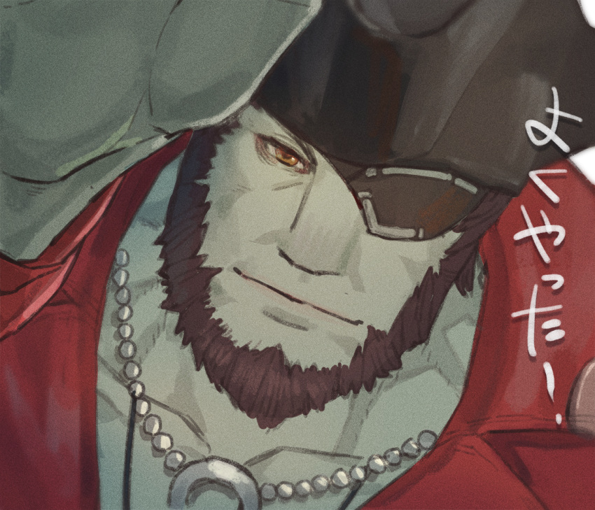 1boy bara beard black_hair character_request check_character closed_mouth eyepatch facial_hair final_fantasy final_fantasy_xiv hat looking_at_viewer male_focus mature_male muscular muscular_male roegadyn smile solo uori