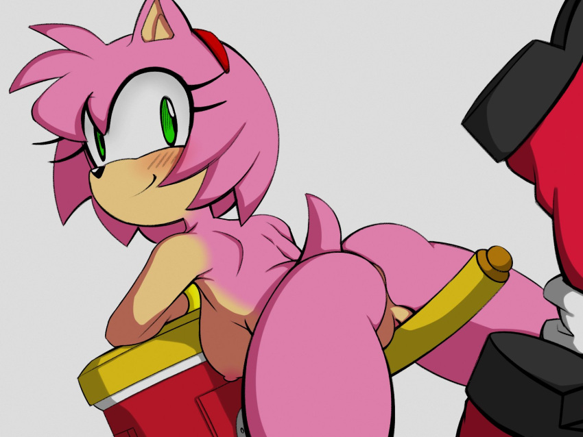 2022 4:3 amy_rose anthro blush boots breasts butt clothing colored eulipotyphlan eyelashes female footwear genitals grey_background hammer head_turned hedgehog hi_res jupiterorange looking_at_viewer mammal pussy rear_view sega side_boob simple_background smile solo sonic_the_hedgehog_(series) spassticus tools