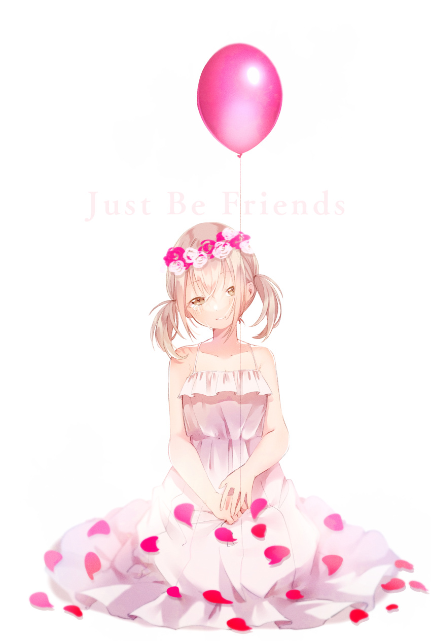 1girl absurdres azusawa_kohane balloon bare_arms brown_eyes collarbone crying crying_with_eyes_open dot_nose dress english_text eyebrows_visible_through_hair flat_chest flower full_body hair_between_eyes hair_over_one_eye half-closed_eyes head_tilt head_wreath highres just_be_friends_(vocaloid) light_blush light_brown_hair light_smile limited_palette looking_at_viewer nuko_0108 on_floor parted_lips petals pink_flower pink_rose pink_theme project_sekai rose rose_petals short_twintails simple_background sitting sleeveless sleeveless_dress solo song_name spaghetti_strap streaming_tears tears text_focus twintails v_arms white_background white_dress white_flower white_rose