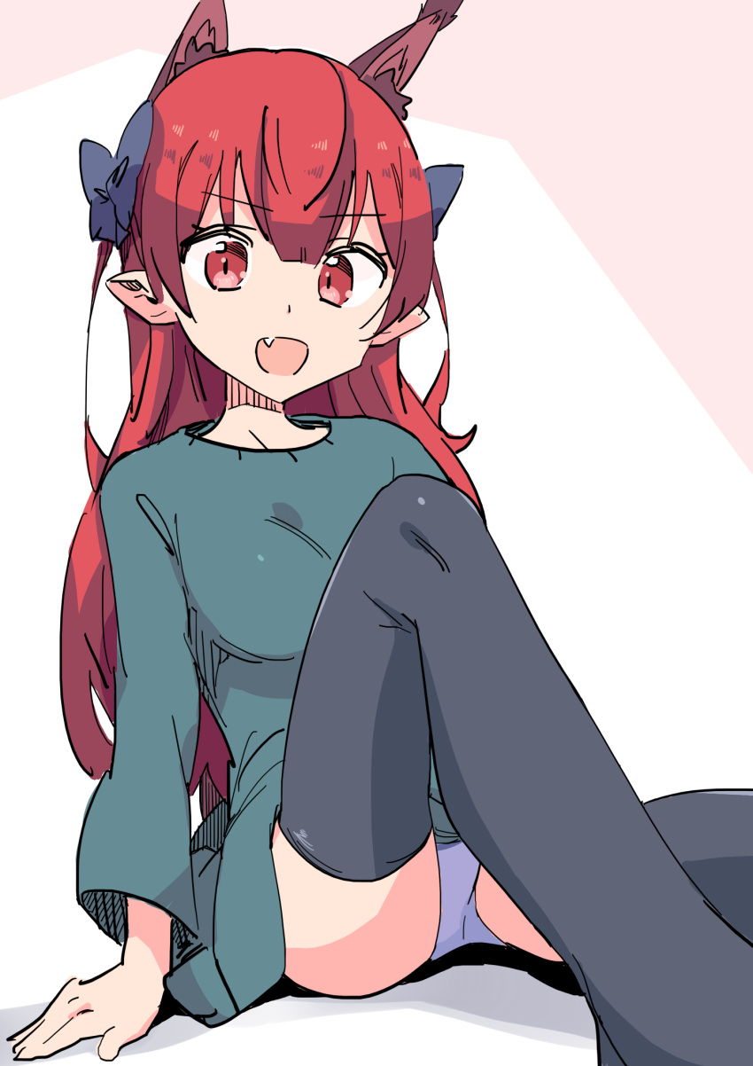 1girl :d akuma alternate_hairstyle animal_ear_fluff animal_ears arm_support bangs black_legwear blue_bow blunt_bangs bow breasts cameltoe cat_ears clenched_hands dress extra_ears eyebrows_visible_through_hair fang feet_out_of_frame green_dress grey_panties hair_bow hair_down highres kaenbyou_rin knee_up long_hair long_sleeves looking_at_viewer no_tail panties parted_lips pointy_ears red_eyes red_hair simple_background sitting skin_fang small_breasts smile solo thighhighs touhou underwear upskirt very_long_hair white_background