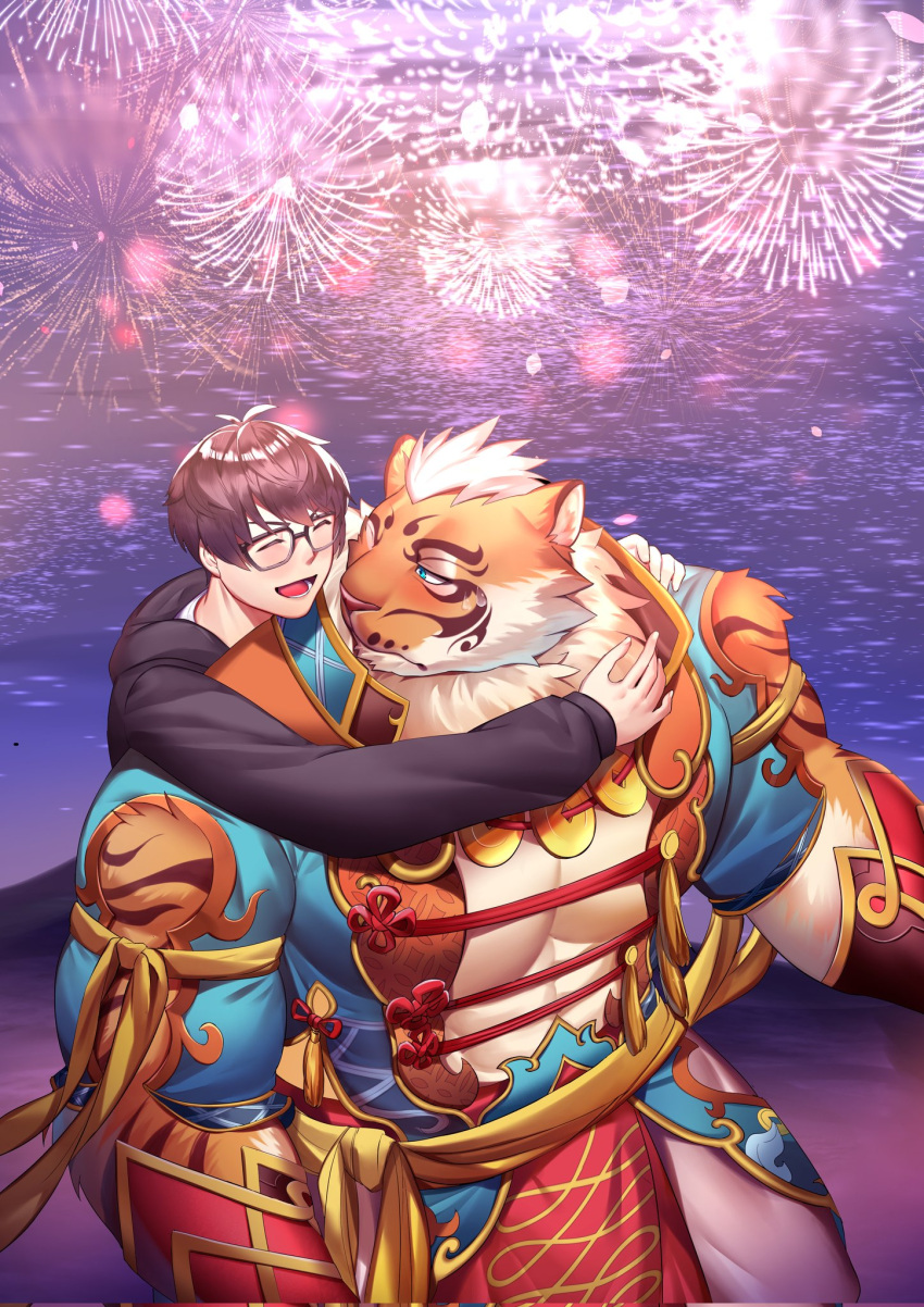 abs anthro blush bodily_fluids brown_hair carrying clothed clothing duo embrace eyes_closed eyewear facial_markings felid fireworks fur glasses hair head_markings hi_res hoodie hug hugging_from_behind human larger_anthro lin_hu male male/male mammal markings multicolored_body multicolored_fur muscular muscular_anthro muscular_male nekojishi open_clothing open_shirt open_topwear orange_body orange_fur pantherine pecs piggyback shirt size_difference smaller_human striped_body striped_fur stripes studio_klondike sweat sweatdrop tiger topwear video_games visual_novel white_body white_fur zuu