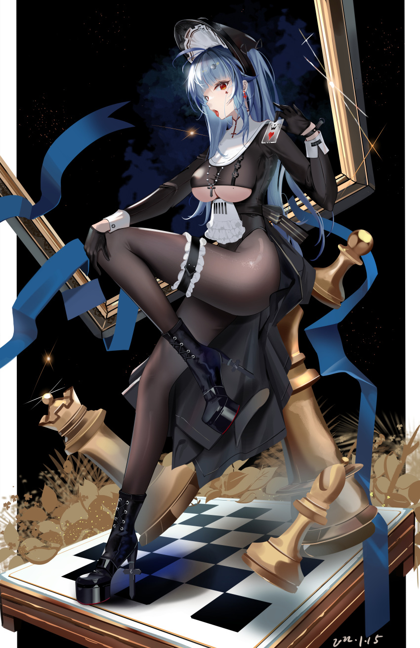 1girl absurdres azur_lane bishop_(chess) black_background black_dress black_footwear black_gloves black_legwear blue_hair boots breasts card checkered_floor chess_piece clothing_cutout dress facepaint facial_mark from_side full_body gloves half_gloves high_heel_boots high_heels highres king_(chess) leg_up legs long_hair looking_at_viewer maid marco_polo_(azur_lane) marco_polo_(the_queen_of_hearts)_(azur_lane) medium_breasts official_alternate_costume pantyhose pawn platform_boots platform_footwear playing_card queen_(chess) red_eyes sabou_san-shitsu_kokoro solo standing standing_on_one_leg stiletto_heels thighs underboob underboob_cutout