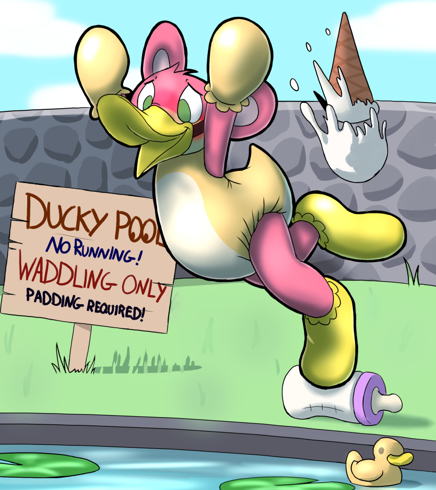 absurd_res ambiguous_gender anthro beak beak_gag booties clothing daycare diaper ducky ducky_daycare gag handwear hi_res mitt mittens onesie sexotheque solo