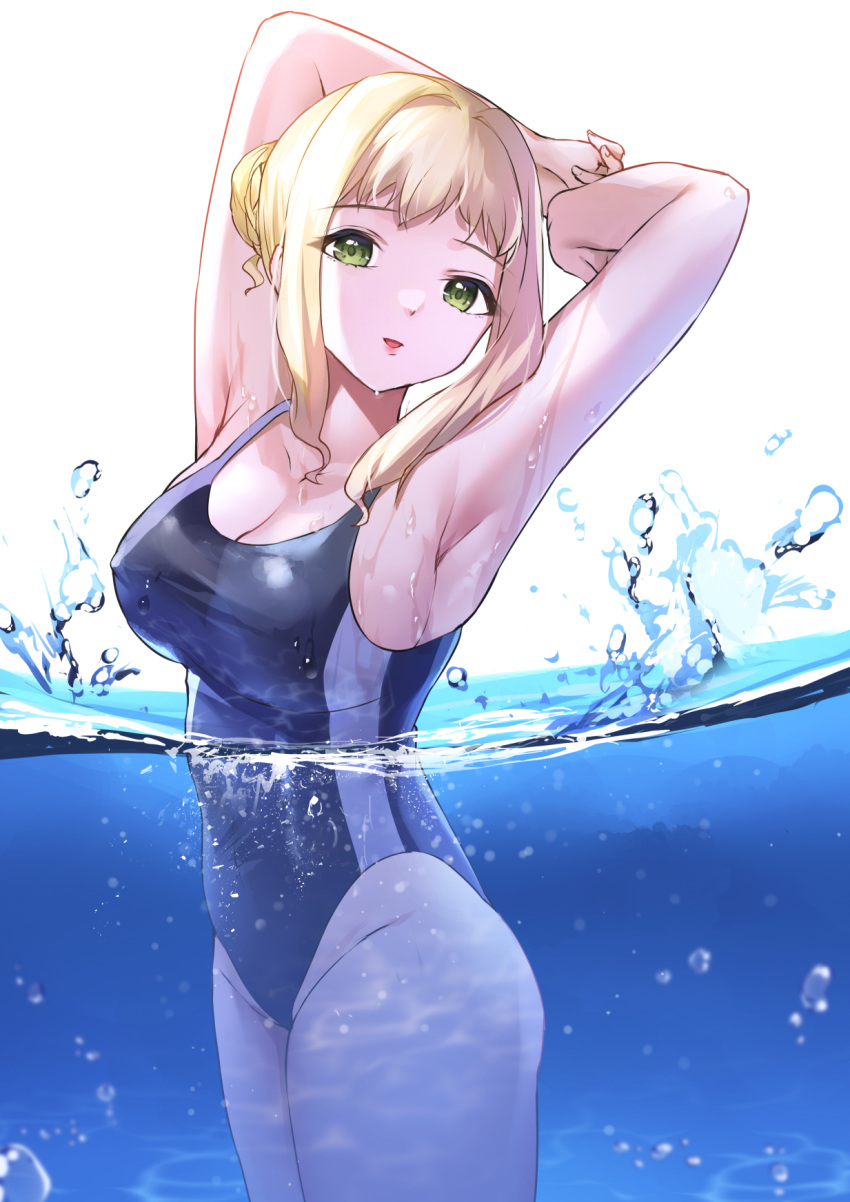 1girl armpits bangs blonde_hair breasts competition_swimsuit covered_navel covered_nipples green_eyes highres ichijou_natsu looking_at_viewer medium_breasts one-piece_swimsuit pepeo pool short_hair shuumatsu_no_harem sidelocks smile solo standing swimsuit wet