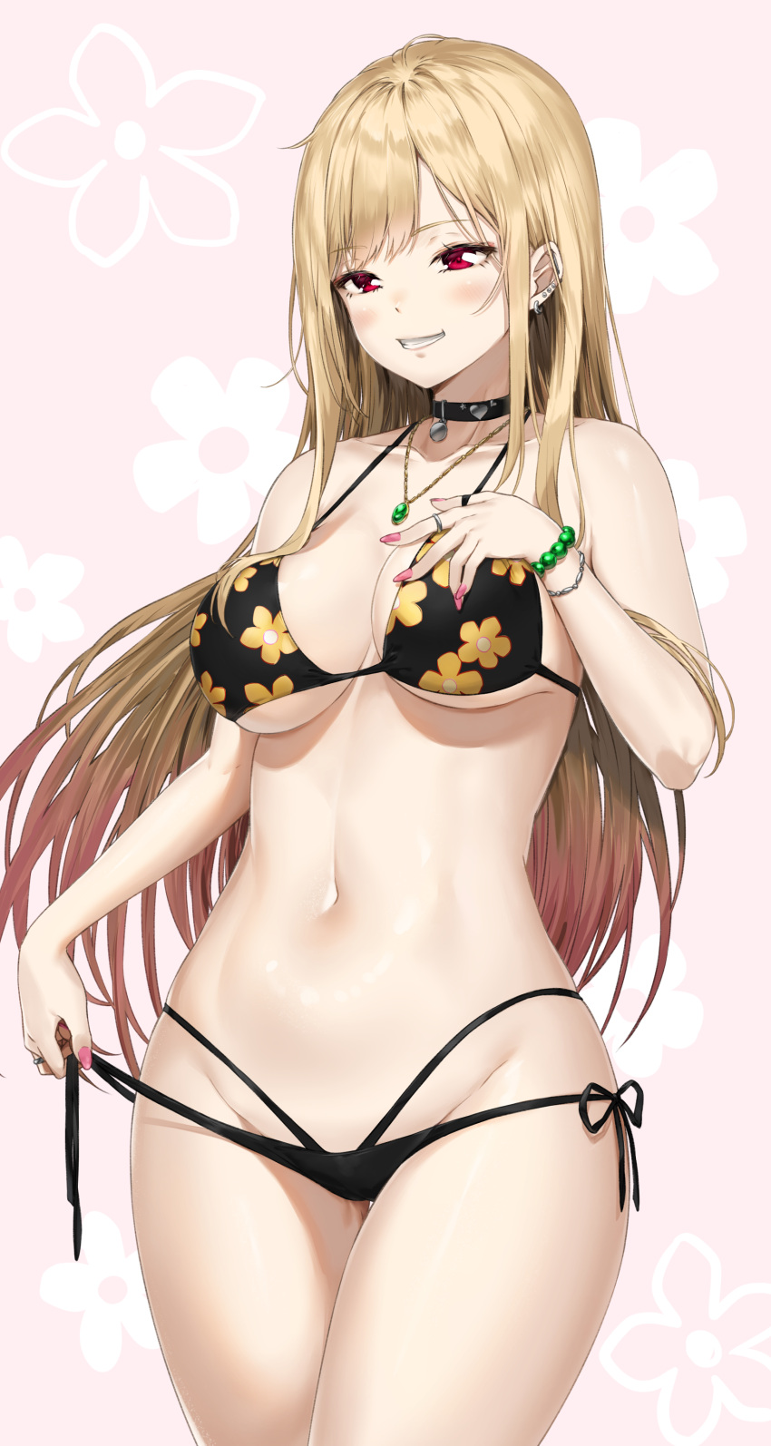 1girl absurdres bangs barbell_piercing bikini black_bikini black_choker blonde_hair bracelet breasts choker collarbone colored_tips commentary_request cowboy_shot ear_piercing earrings eyebrows_visible_through_hair floral_print gradient_hair halter_top halterneck hand_on_own_chest hand_up highres jewelry kitagawa_marin large_breasts long_hair looking_at_viewer multicolored_hair nail_polish navel necklace open_bikini open_clothes piercing pink_nails pixel_(yuxian) print_bikini red_eyes red_hair ring side-tie_bikini smile solo sono_bisque_doll_wa_koi_wo_suru standing stomach string_bikini swimsuit untied untied_bikini very_long_hair