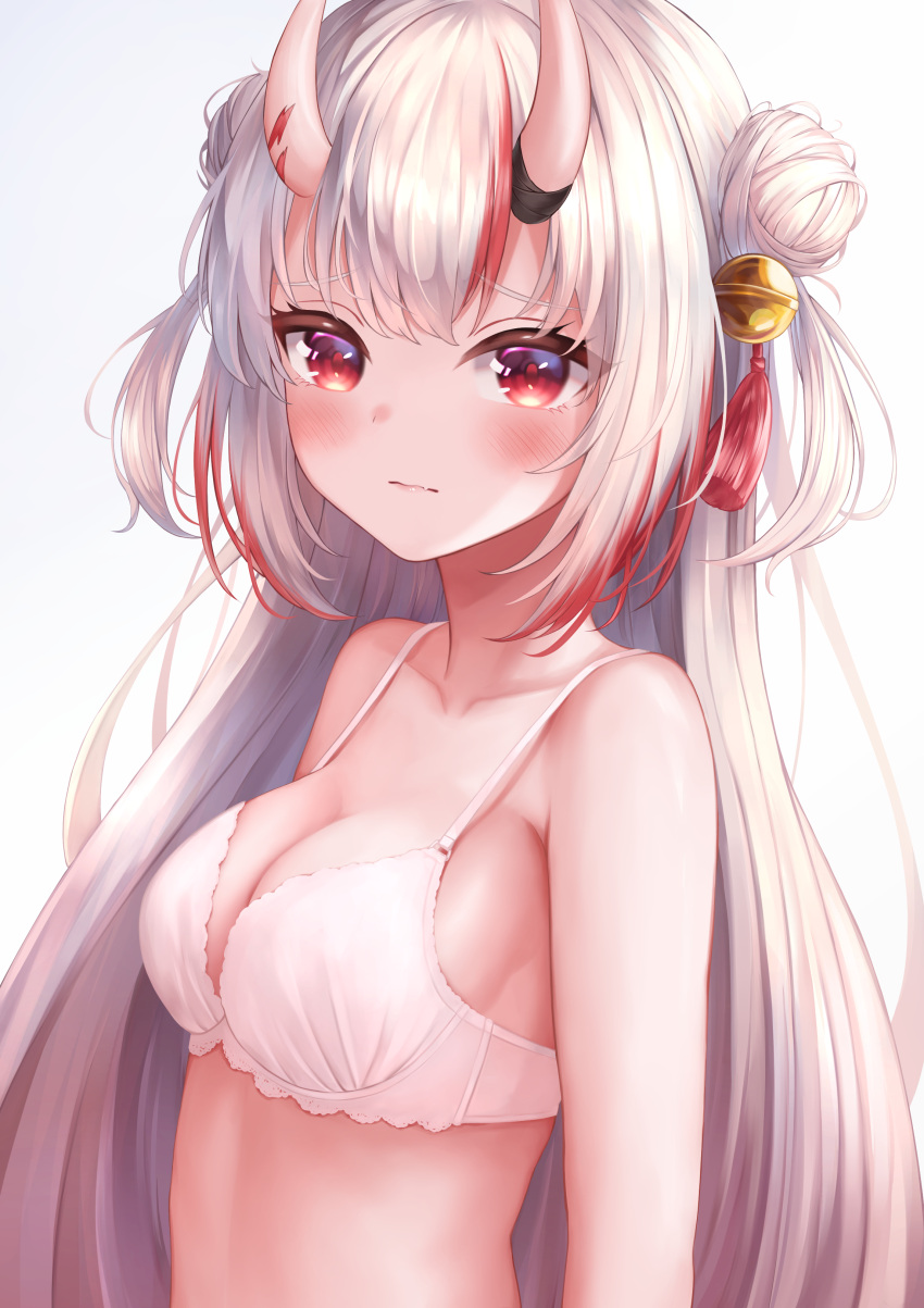 1girl absurdres bangs bare_shoulders bell blush bra breasts closed_mouth collarbone double_bun hair_bell hair_ornament highres hololive horns jingle_bell karashi_(asarikarasi) long_hair medium_breasts multicolored_hair nakiri_ayame oni_horns red_eyes red_hair silver_hair simple_background solo streaked_hair tassel two_side_up underwear upper_body virtual_youtuber white_background white_bra
