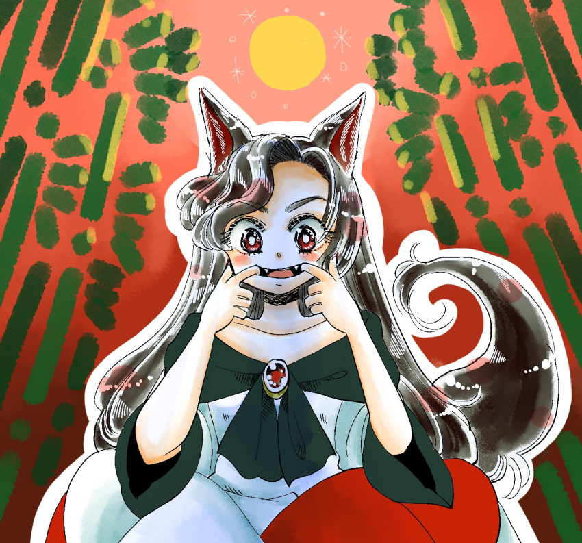 1girl animal_ears asymmetrical_bangs bamboo bangs black_neckerchief blush bright_pupils brooch brown_hair commentary dress eyebrows_visible_through_hair fangs full_moon hands_up highres imaizumi_kagerou indian_style jewelry komaku_juushoku long_hair long_sleeves looking_at_viewer moon mouth mouth_pull multicolored_clothes multicolored_dress neckerchief off-shoulder_dress off_shoulder one-hour_drawing_challenge open_mouth red_dress red_eyes sitting solo tail teeth tongue touhou v-shaped_eyebrows wavy_hair white_dress white_pupils wolf_ears wolf_girl wolf_tail