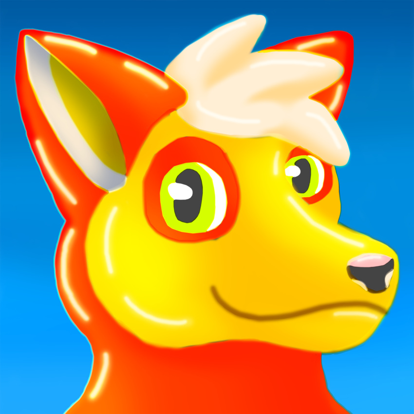 animate_inanimate anthro blue_background canid canine fox green_eyes hair happy hi_res inflatable latex living_inflatable male mammal orange_body profile_picture riddle rubber simple_background solo white_hair yellow_body