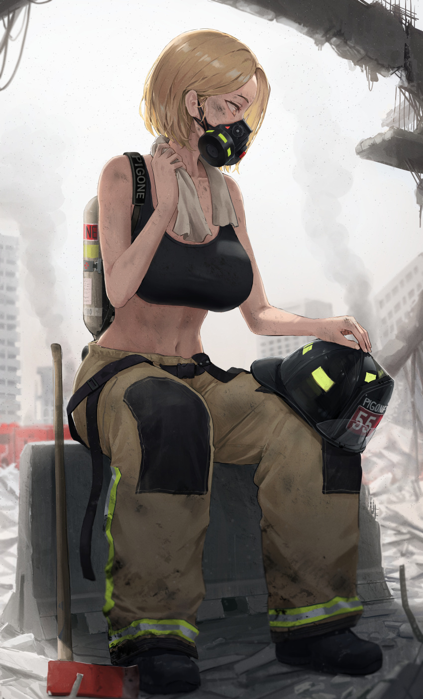 1girl absurdres artist_name axe bangs bare_shoulders black_footwear black_sports_bra blonde_hair boots breasts brown_pants building city cleavage collarbone dirty dirty_clothes dirty_face english_commentary fire_axe fire_helmet fire_truck firefighter full_body gas_mask ground_vehicle hair_behind_ear headwear_removed helmet helmet_removed highres holding holding_towel large_breasts looking_to_the_side mask midriff motor_vehicle navel no_jacket original outdoors oxygen_tank pants pigone roadblock rubble ruins short_hair sidelocks sitting skyscraper smoke solo sports_bra towel towel_around_neck yellow_eyes